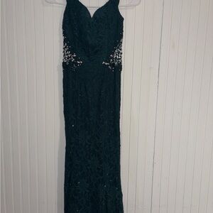 Jodi Kristopher Dark Green Lace Maxi Gown with Beaded Accents